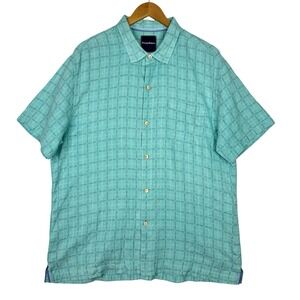 Tommy Bahama Mens XL Silk Blend Camp Shirt‎ Aqua Plaid Short Sleeve Button Up